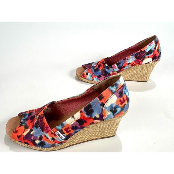 Toms Women's 9 Espradille Canvas Sandals Peep Toe Floral Wedge Heels Summer Shoe - Picture 7 of 8